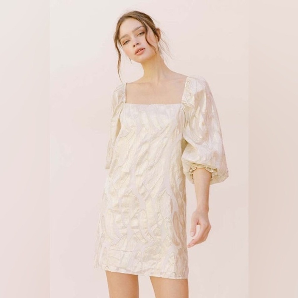 Storia Metallic Gold Silk‎ Blend Mini Dress SD1463S-1 Square Neck Puff Sleeve L